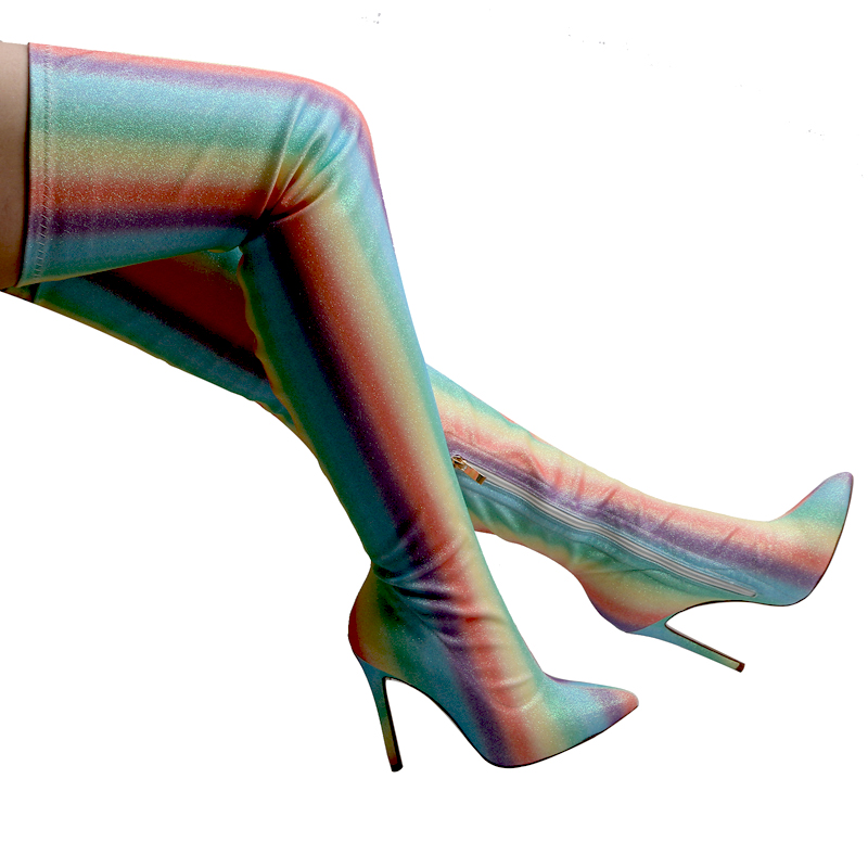 Sock Boot Women - Seksi Gökkuşağı Çizgili Parlak Streç Diz