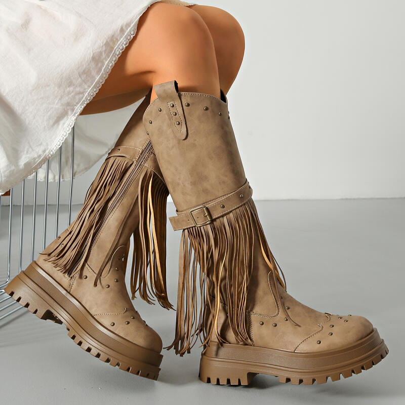 Knee High Boots Women - Vintage Püsküllü Süet Diz Üstü Çizmeler