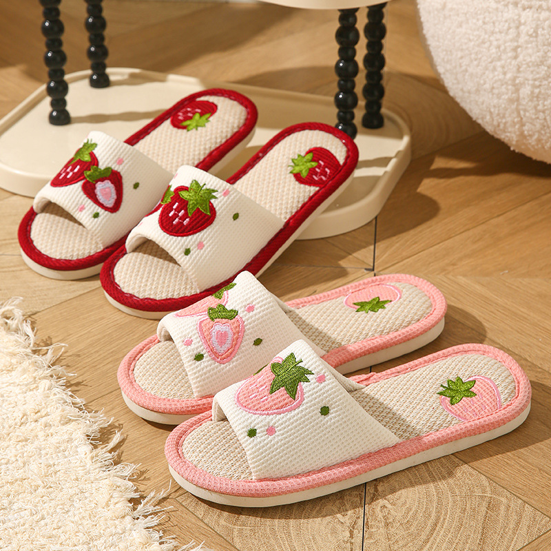 Mule Slip On - Çilek Desenli Keten Kadın Terlikleri, Ev