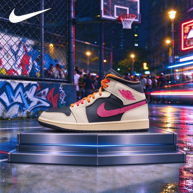 Women'S Shoes Nike Jordan - Air Jordan 1 Mid Bej-Siyah-Pembe Yüksek